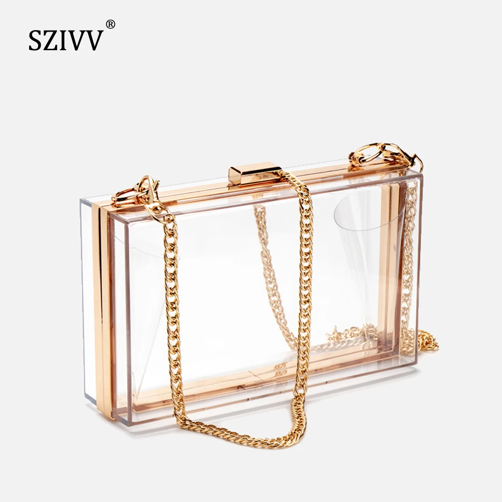 pabala Women Acrylic Clear Clutch Transparent Crossbody Purse Evening Bag Sport Events Stadium Approved Chain Strap