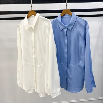 

White Blue Women's OL Blouse 2020 New Long-Sleeved Office Wear Shirt Loose Single-breasted Shirts and Top Clothes