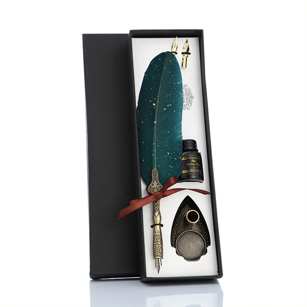 Retro Calligraphy Feather Dip Pen with 2 Nib Set Quill Fountain Writing Gift Box 