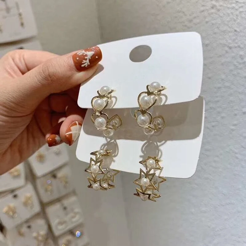 

MENGJIQIAO New Hot Sale Elegant Simulated Pearl Hollow Star Heart Hoop Earrings For Women Fashion Oorbellen Party Jewelry Gifts