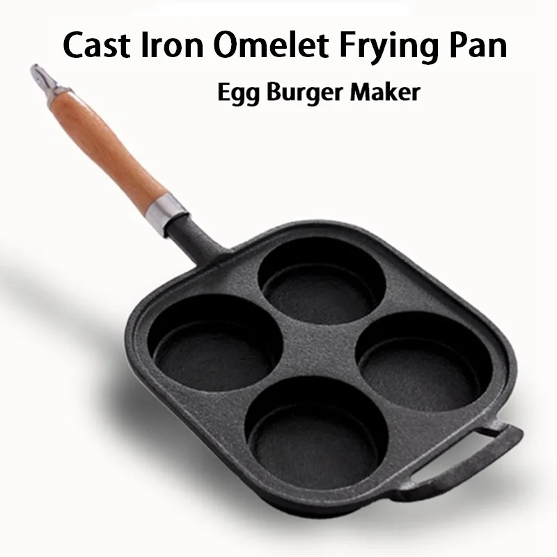 4 Holes Uncoated Cast Iron Omelet Frying Pan Kitchen Egg Burger Meat