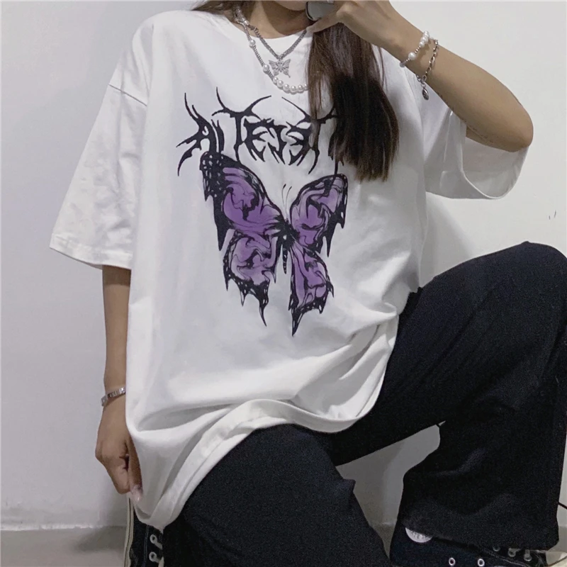 Women's T-shirts 2020 Summer butterfly Print Top Female T-shirt Harajuku Vintage Clothes White O-neck Casual Ladies Tops Shirts