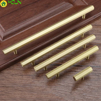 

1pc Gold T bar solid Brass Hexagon handle Cabinet Pull for Kitchen Room Straight Dresser Handle and Knob Furniture Hardware