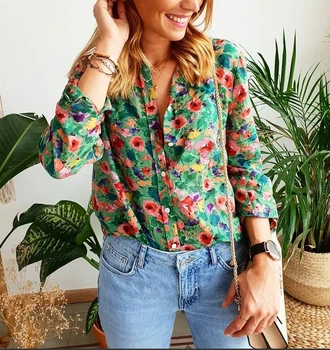 

Oil painting flower print Silk cotton blend women shirt turn-down collar long sleeve lady shirt + skirt