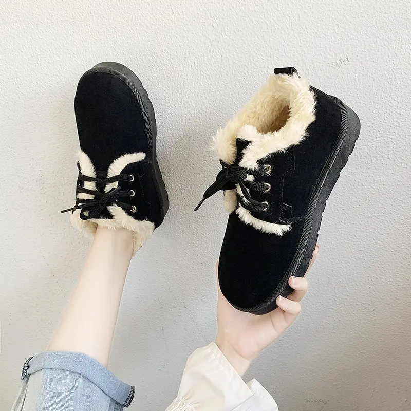 

Winter New Snow Boots for Women 2020 Casual Fashion Flat Bottom Lace-Up Flock Student Warm Platform Plush Cotton Vulcanize Shoes