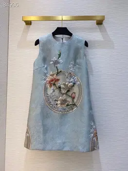 

Runway Autumn Mini Dress Women Sleeveless Beading Appliques Vintage Party A-Line Embroidery Dress