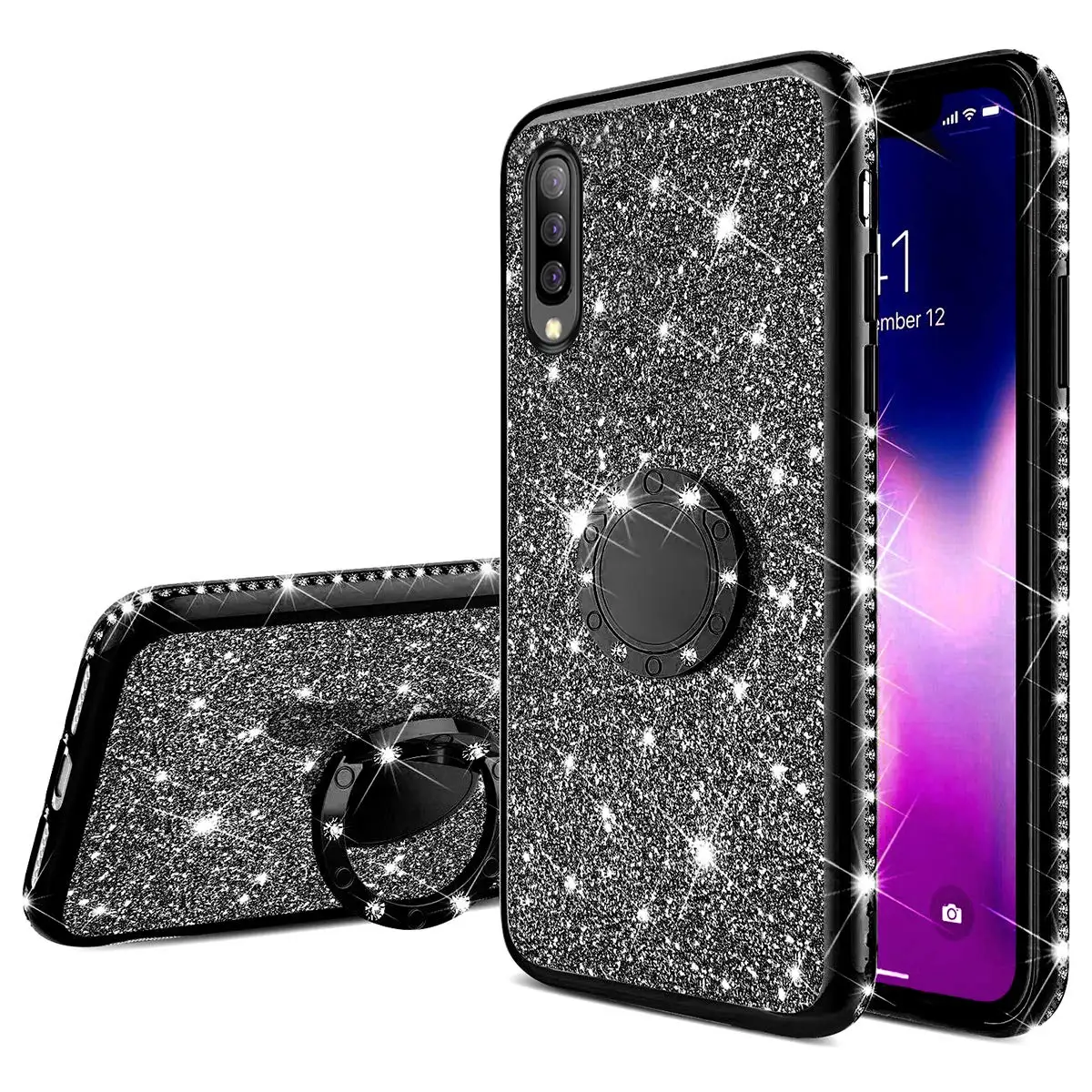 ZBlack Мягкий чехол со стразами и бриллиантами для samsung Galaxy A10 A20 A30 A40 A50 A70 S8 S9 S10 5G Plus S10e Note 10 блестящее кольцо - Цвет: ZBlack