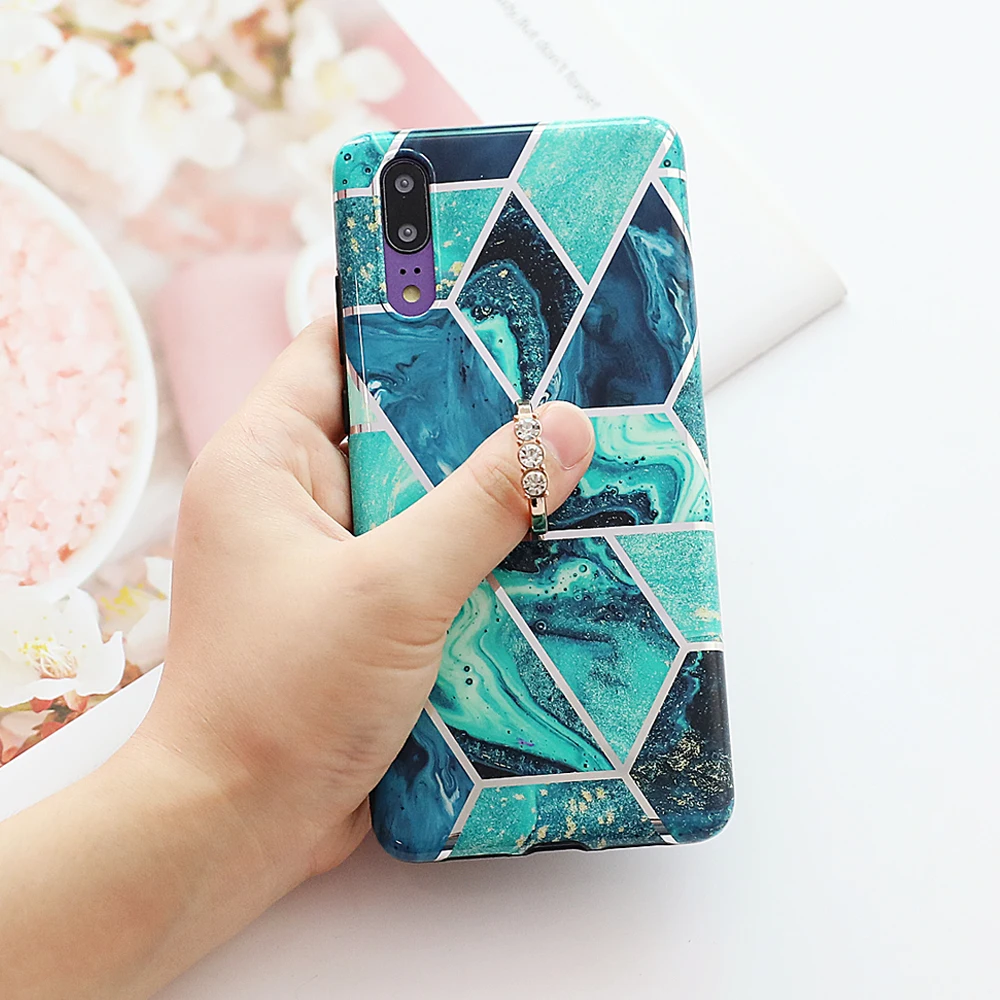 

SUYACS Plating Line Geometry Phone Case For Huawei P30 P20 Pro Lite Mate 20 Pro Lite Marble Soft IMD Back Cover With Finger Ring