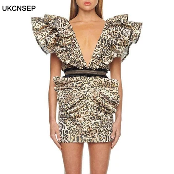 

Causal Ruffle Leopard Dress Women V Neck Sleeveless Backless Sexy Bodycon Dresses Female 2020 Summer Fashion Tide