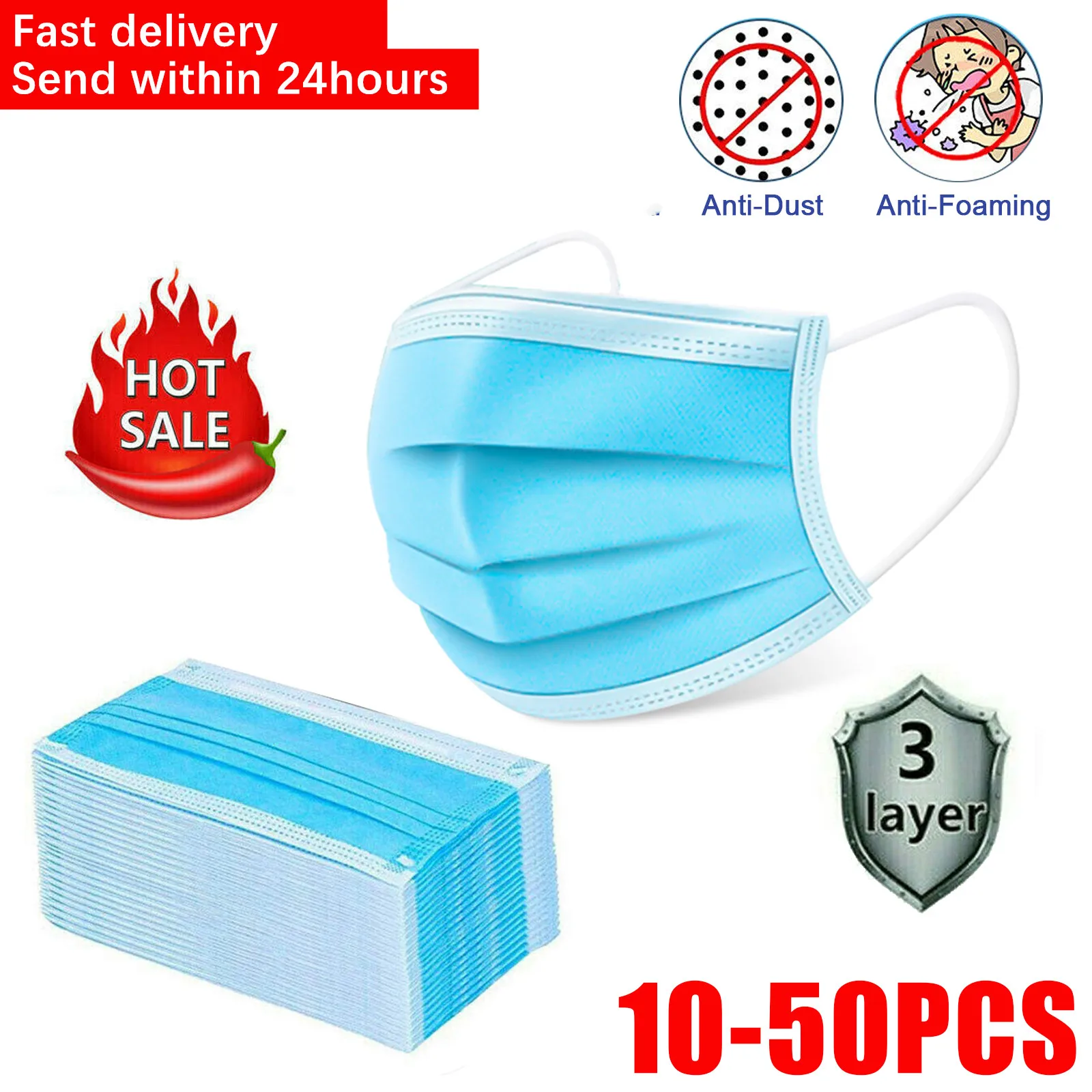 

Areyourshop 10/20/30/40/50Pcs Disposable Face Mouth Mask 3-Layer Ply Comfortable EarLoop Soft Anti-Dust Mask Protection