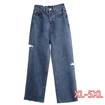 

Summer New Korean Large Size Jeans High Waist Hole Wide Leg Pants Straight Loose Spring Women's Pants 2020