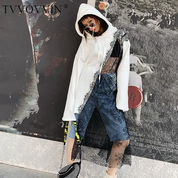 

2019 New Spring Summer Hooded Long Sleeve \white Irrgular Mesh Split Joint Big Size Sweatshirt Women Fashion Tide AS155