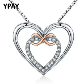

YPAY Luxury Infinity Love Double Heart Pendant Necklaces for Women 100% Real 925 Sterling Silver Box Chain Fine Jewelry YMN051