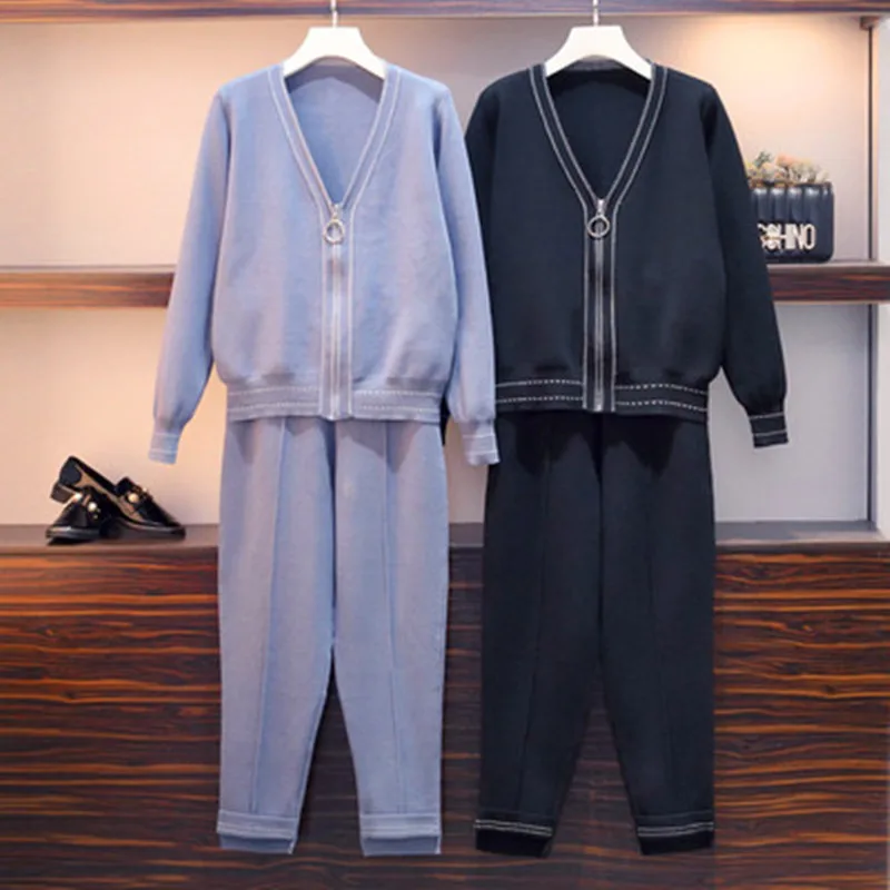 

Women Casual Tracksuit Woman Knitted Zipper Coat Pants Suit Fall New Solid Cardigans +Elastic Waist Trousers 2pcs Set