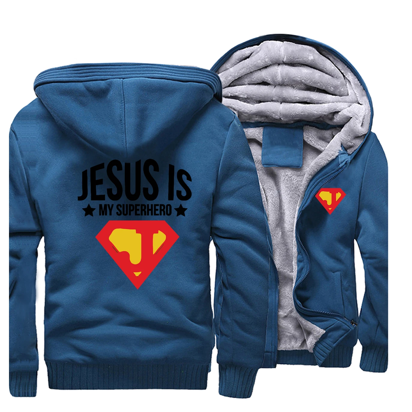 Jesus Is My принт супергероев зимние куртки Супермен Косплей флисовое Мужское пальто повседневные плотные толстовки Толстовка модная верхняя одежда - Цвет: Lake Blue 1