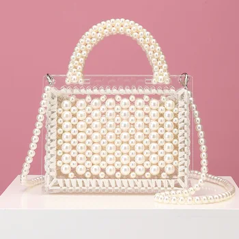 

Caker Women 2020 Pearl Beaded Transparent Beach Bags White Pink Clear Crossbody Bags