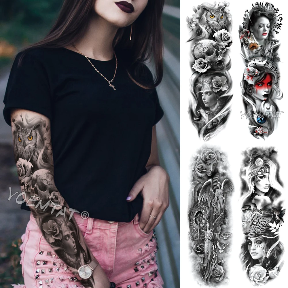 

Large Arm Sleeve Tattoo Owl Angel Rose Waterproof Temporary Fake Tatoo Sticker Skull Fox Wings Men Women Full Totem Tatto