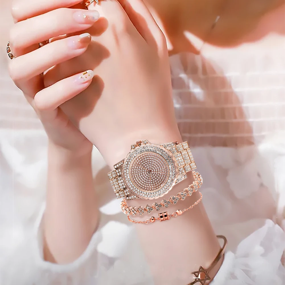 Luxury Women's Bracelet Quartz Diamond Studded Elegant Watch Set 4