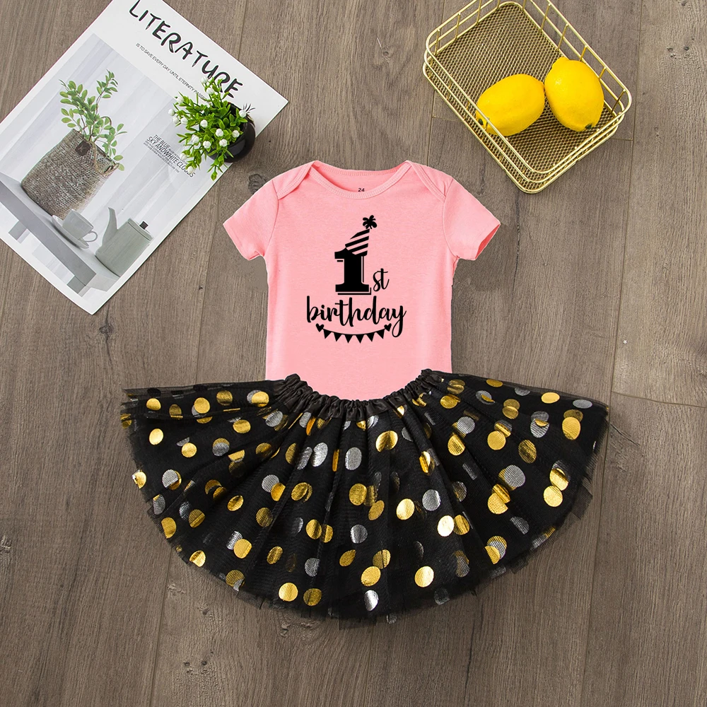 Забавный хлопковый комплект одежды из 2 предметов для маленьких девочек на первый день рождения комбинезон с короткими рукавами для маленьких девочек+ юбка-пачка Модный комплект одежды - Цвет: R148-SQPPKYBK-