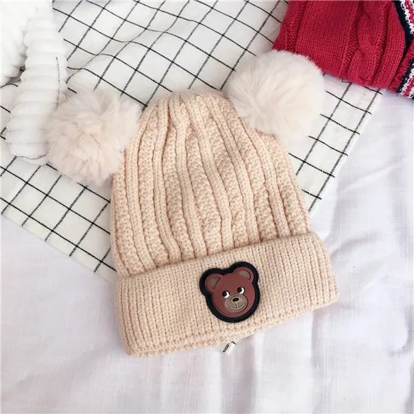 Детские шапочки Skullies Beanies для мальчиков и девочек, зимняя однотонная шапка с ушками медведя из мультфильма, теплые модные Эластичные аксессуары с помпоном - Цвет: 1