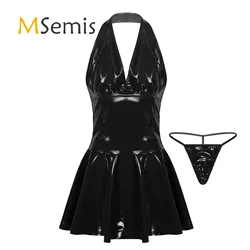 Black Womens Lady Faux Leather Pleated Mini Dress Backless A-line Dress with Briefs Sexy Cocktail Parties Clubwear Costumes