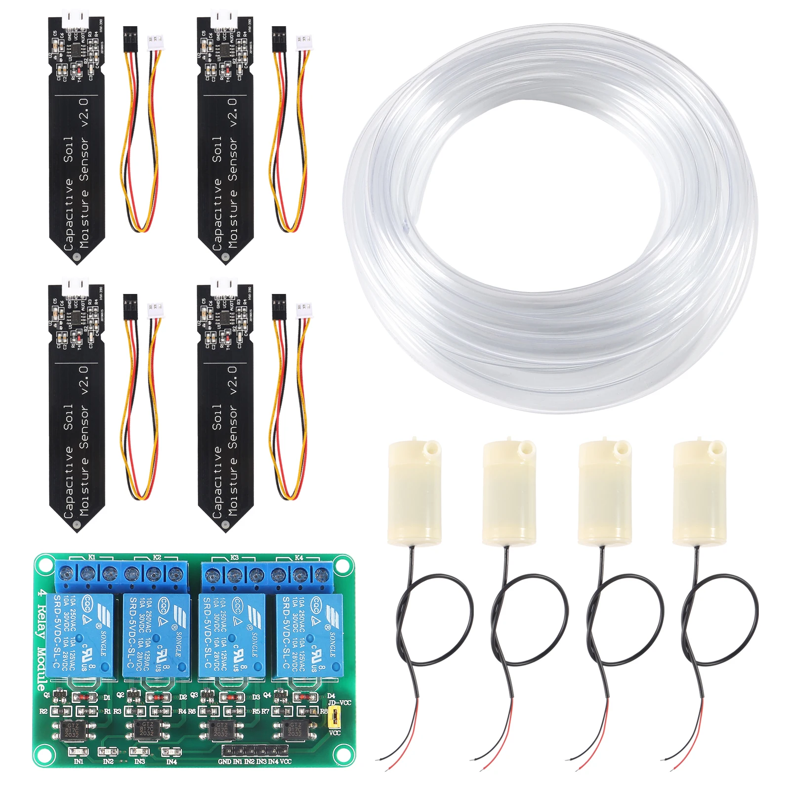 

4pcs Capacitive Soil Moisture Sensor 4Channel 5V Relay Module and 4pcs Water Pump + 4M Vinyl Tubing for Moisture Detecti