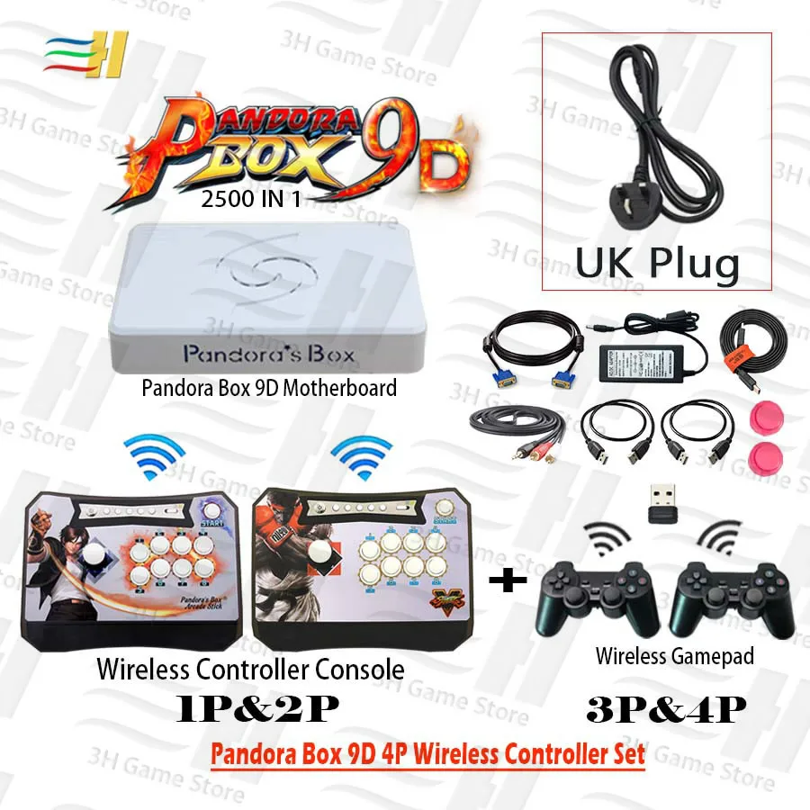 4P kof SF wux UK Pandora Box 9D беспроводной 4 игрока набор 2500 В 1 есть 3D игры Беспроводной аркадный джойстик контроллер и геймпад HDMI VGA для ТВ ПК ps3 - Цвет: 4P kof SF wux UK