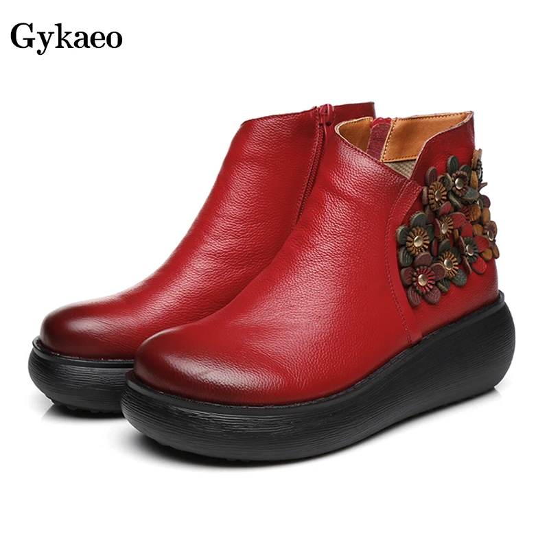 

Gykaeo Women Retro Black Red Genuine Leather Martin Boots Student Comfortable Flat Walk Shoes Ladies Botas Mujer Invierno 2019
