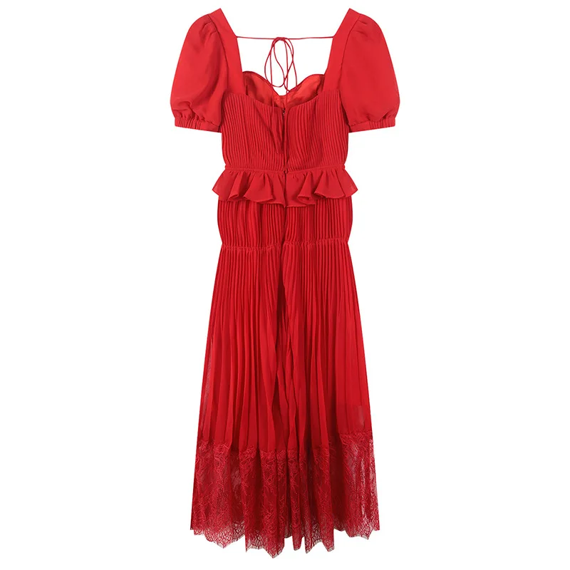 Короткий рукав красный однотонное платье для девочек женские рюшами блуза с прямоугольным воротником универсальное гофрированное трапецевидное вечерние летнее женское платье элегантное платье макси Self