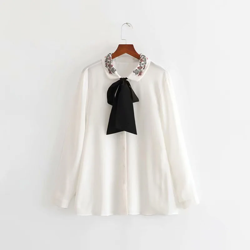 Blouses Woman 2019 Lapel Beaded Embroidery Contrast Shirt Women Blouse Women Modis Camisa Femenina Womens Tops and Blouses