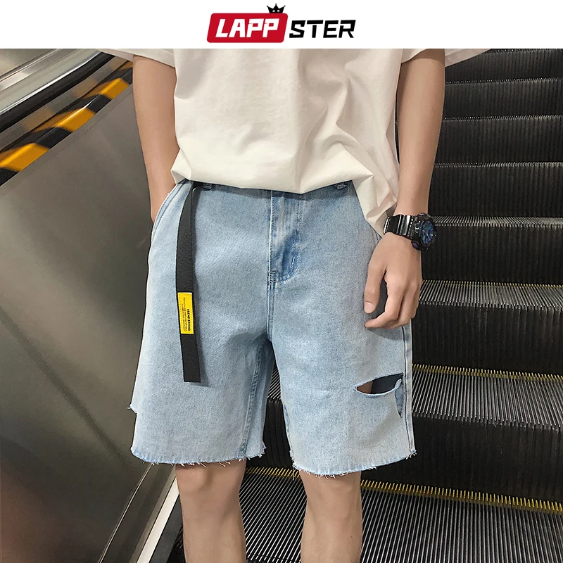 LAPPSTER Summer Men Free Belt Hole Jeans Shorts 2020 Mens Streetwear Hip Hop Denim Shorts Casual Fashions Harajuku Joggers INS LAPPSTER Summer Men Free Belt Hole Jeans Shorts 2020 Mens Streetwear Hip Hop Denim Shorts Casual Fashions Harajuku Joggers INS