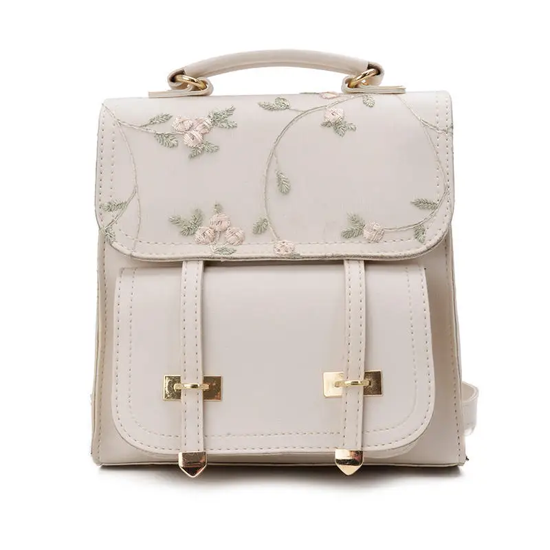 Fashion School Backpack Teenage Girls High Quality Leather Women Shoulder Bag Backpack Floral Embroidery Design Rucksack mochila - Цвет: beige