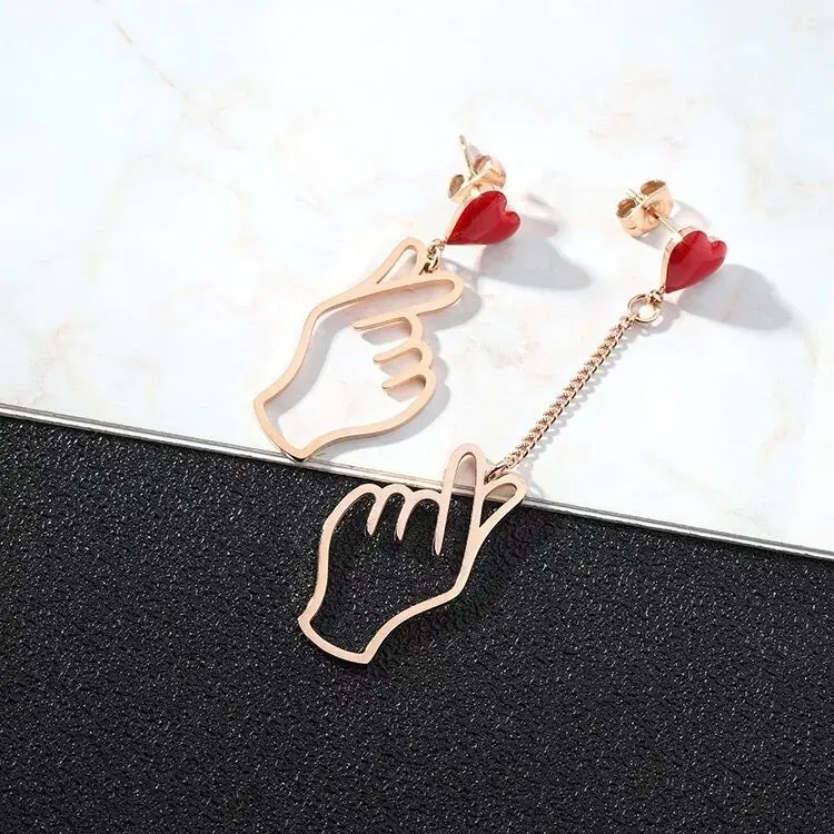 

New Fashionable Small Red Earrings Creative Ear than heart fingers metal love earrings hollow earrings