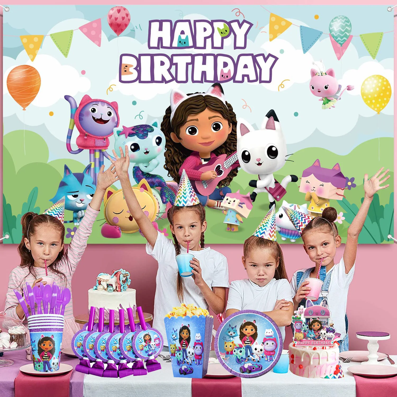 Cartoon Gabby Dollhouse Party Set di stoviglie usa e getta 1 ° numero  palloncini forniture per feste di compleanno decorazioni per Baby Shower