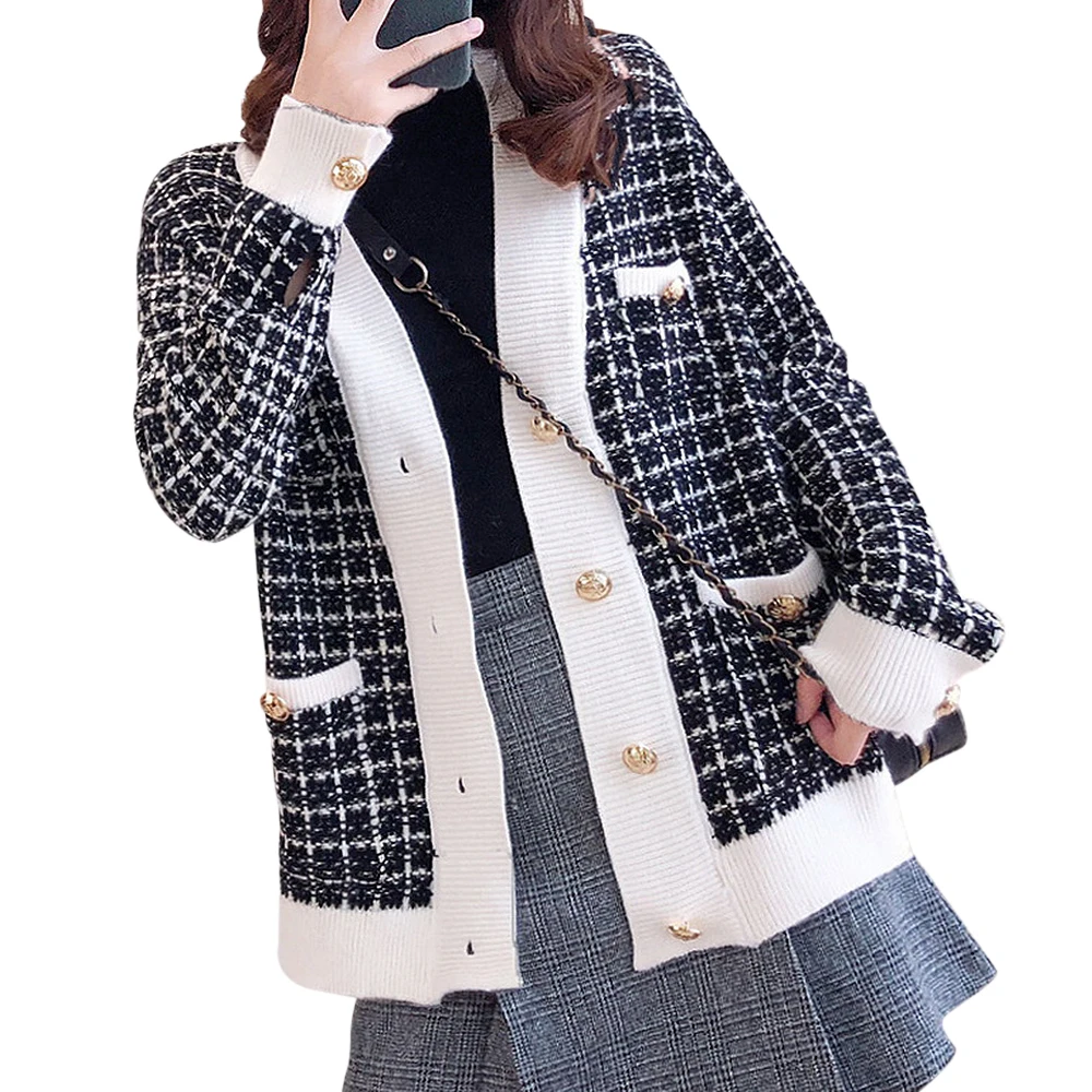 MoneRffi, новинка весны, женский свитер, куртка большого размера, вязаный кардиган, свободные клетчатые Джемперы, Корейская одежда, пальто с длинным рукавом - Цвет: Black
