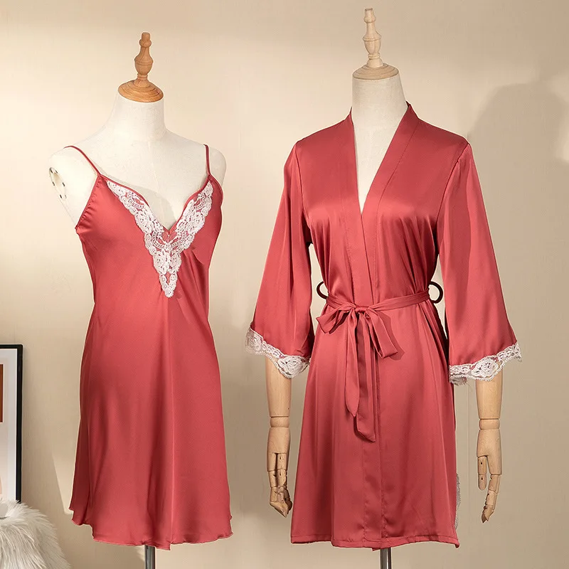 2021 New Silky Satin 2PCS Robe Set For Women Lace Patchwork Intimate Lingerie Nighty&Robe Suit