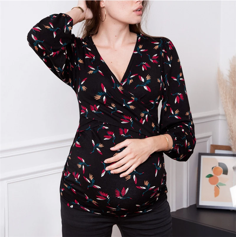 Новые женские топы для кормящих и беременных с длинным рукавом с цветочным принтом, блузка, Повседневная футболка - Цвет: A