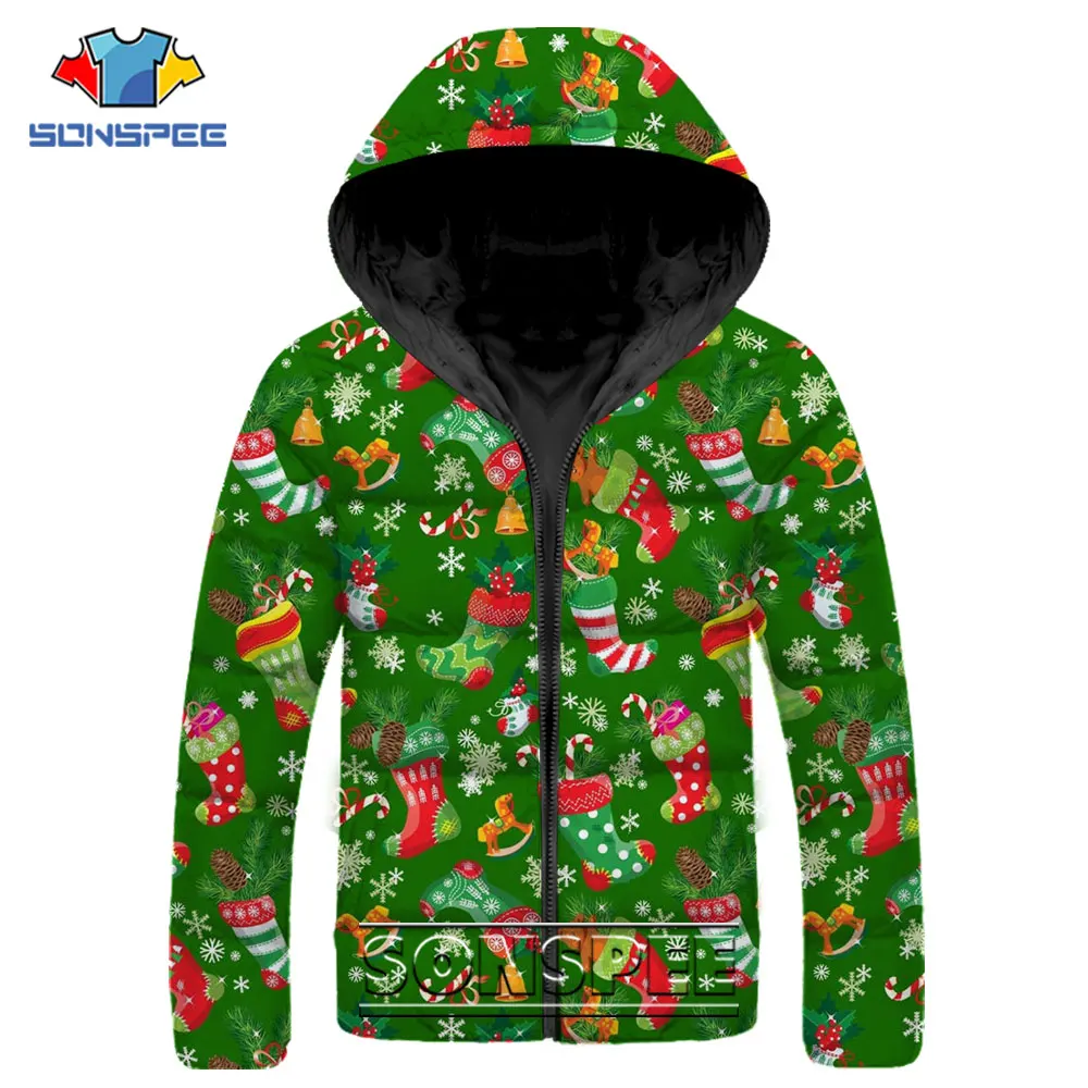 Funny Men's Christmas Gift Coat Winter Long Sleeve Santa Claus Candy Sock Printed Down Jacket Men's Clothing Casual Punk Parkas