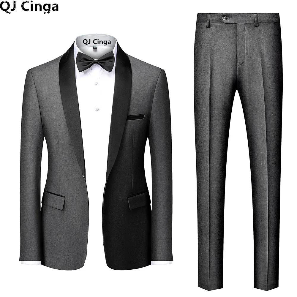 Black Men 2 Pieces Set, Mariage Color Block Collar Suits Jacket Trousers, Male Business Wedding Blazers Coat Pants, Asian Size