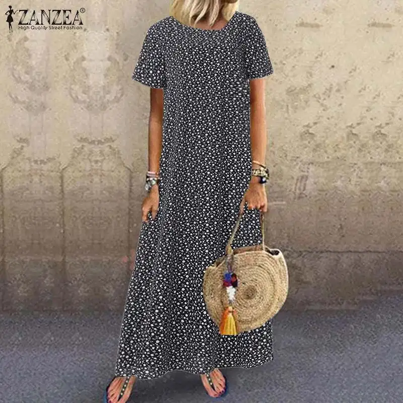 ZANZEA, женский сарафан с цветочным рисунком, кафтан, летнее макси платье, короткий рукав, с принтом, Vestidos, Женская Повседневная Туника, халат большого размера