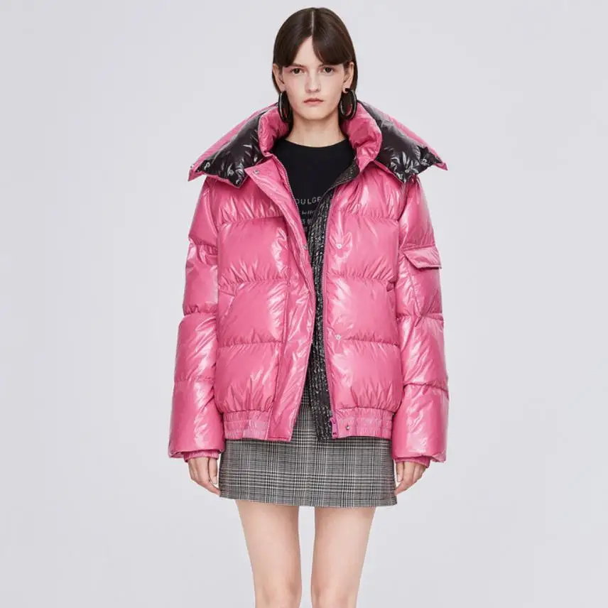Зимнее непромокаемое глянцевое пуховое пальто большого размера, женский толстый теплый пуховик с высоким воротником, толстые теплые парки F263 - Цвет: pink