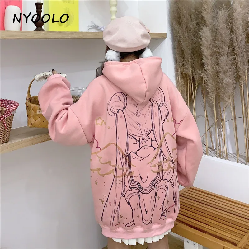 NYOOLO Harajuku kawaii Сейлор Мун крыло печати Свободные теплые толстовки осень зима пуловер с капюшоном плюс бархат толстовка женские топы