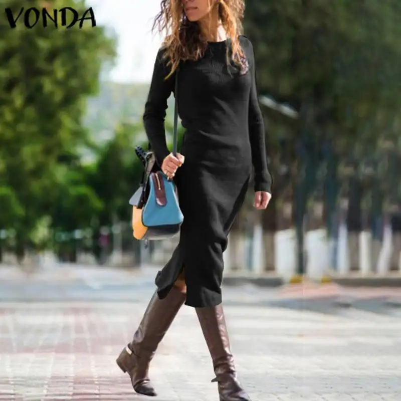 S-5XL, женские свитера, платье, VONDA, осень, длинный рукав, обтягивающее платье, трикотаж, для офиса, женский сарафан, богемное платье, мешковатые