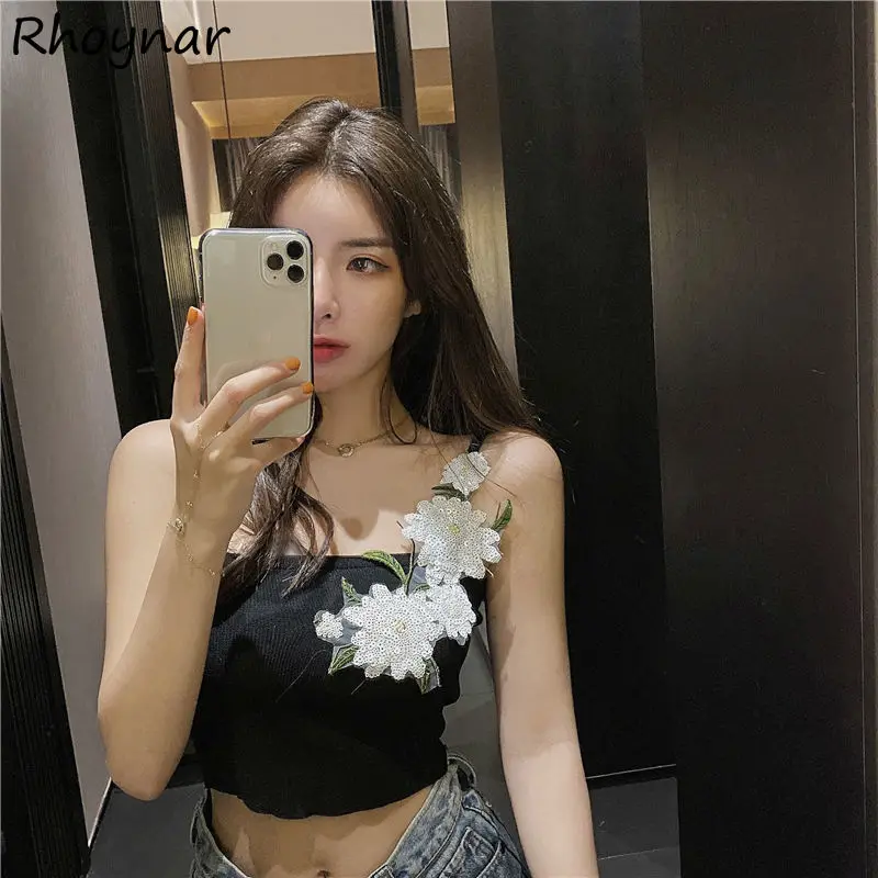 

Camis Women Floral Cropped Sexy Party Basic 7 Colors Clothing Summer Elegant Slim New Trendy Ins Design Female Minimalist Chic