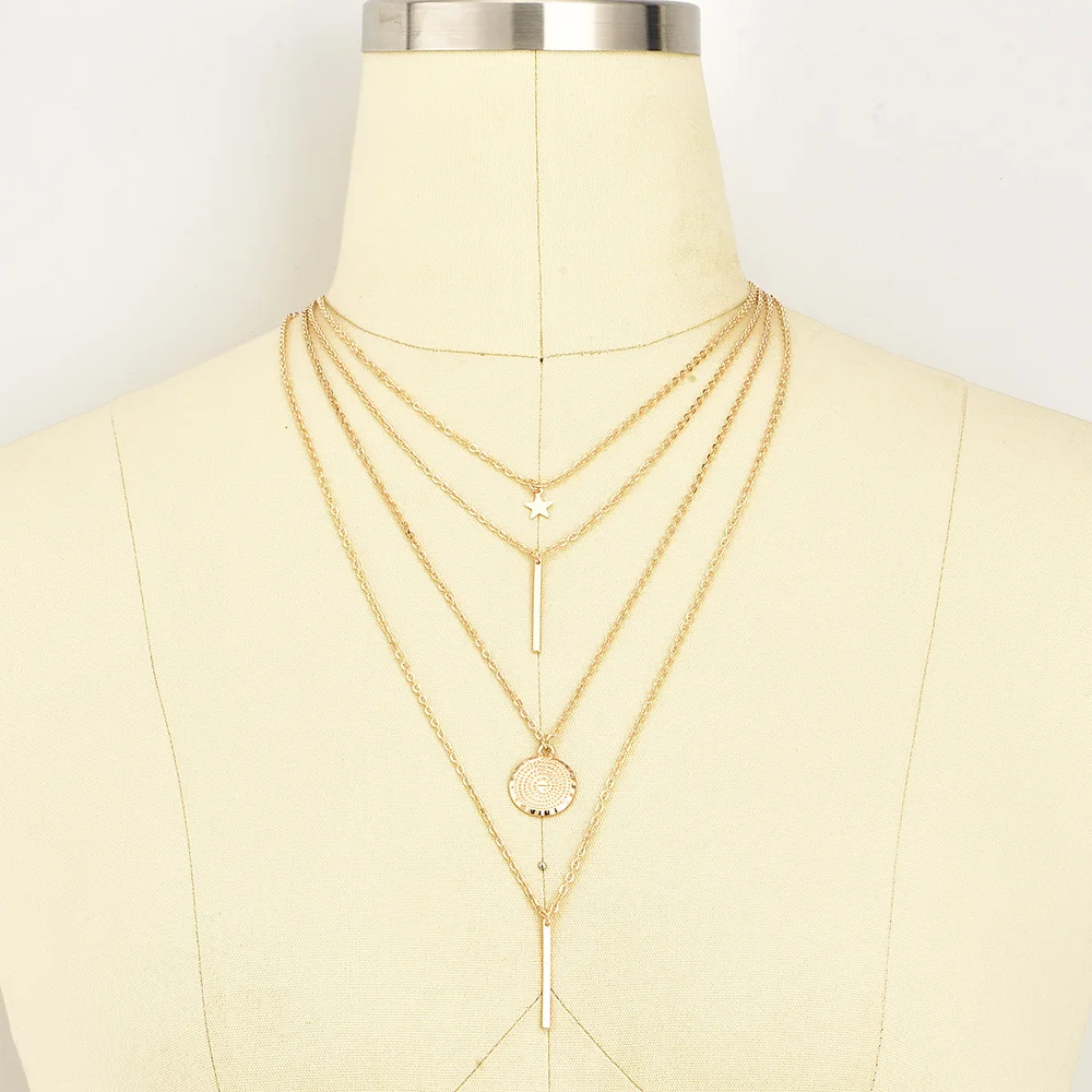 

Ladies New Bohemian Multi Layer Necklace Star Pendant Gold Color Necklace Fashion Star Alloy Necklace Ornament