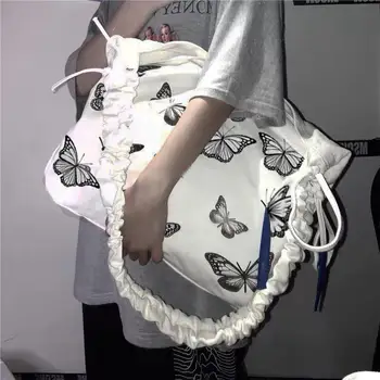 

High volume women's Ins butterfly printed drawstring pleated crossbody bag students canvas zipper bag trend