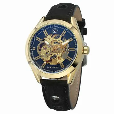 Мужские механические наручные часы с скелетом, мужские механические часы, мужские часы, лучший бренд класса люкс, натуральная кожа, Montre Homme - Цвет: GoldBlack
