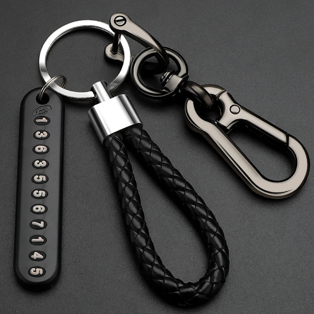 Car Keychain Key-Chain-Holder-Accessories Phone-Number-Card Keyring Leather Bradied-Rope