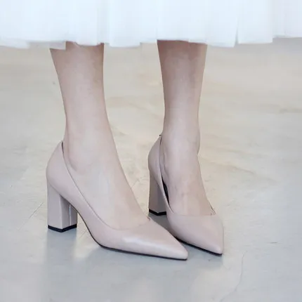 

Pointed high heels spring new retro thick with single shoes female nude color professional temperament wild with women's shoes