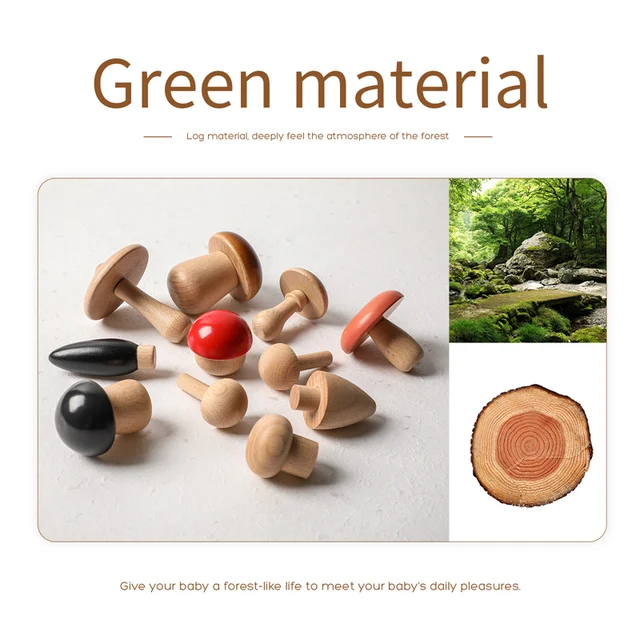 11PCS Wooden Mushroom Building Block Montessori Wooden Block Baby Grasp DIY Creative Toy Room Decoration 2